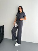 Osy Modal Yumuşak Dokulu Kumaş Kısa Kollu Yakalı T-shirt Pantalon Ikili Takım- Antrasit resmi